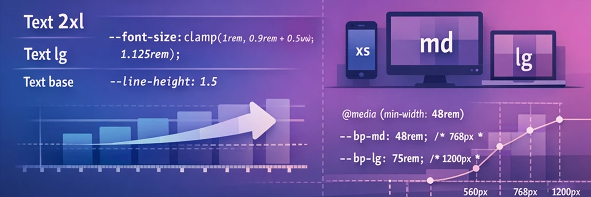 CSS token variables for spacing, typography, and breakpoints arranged on a structured grid, representing the raw values a design system depends on