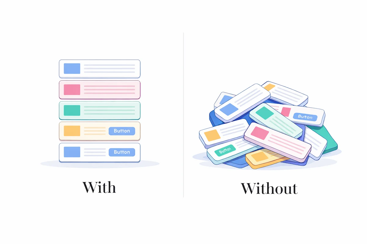 Two side-by-side illustrations — on the left, colourful UI cards stacked neatly labelled "With", on the right, the same cards in a chaotic pile labelled "Without"